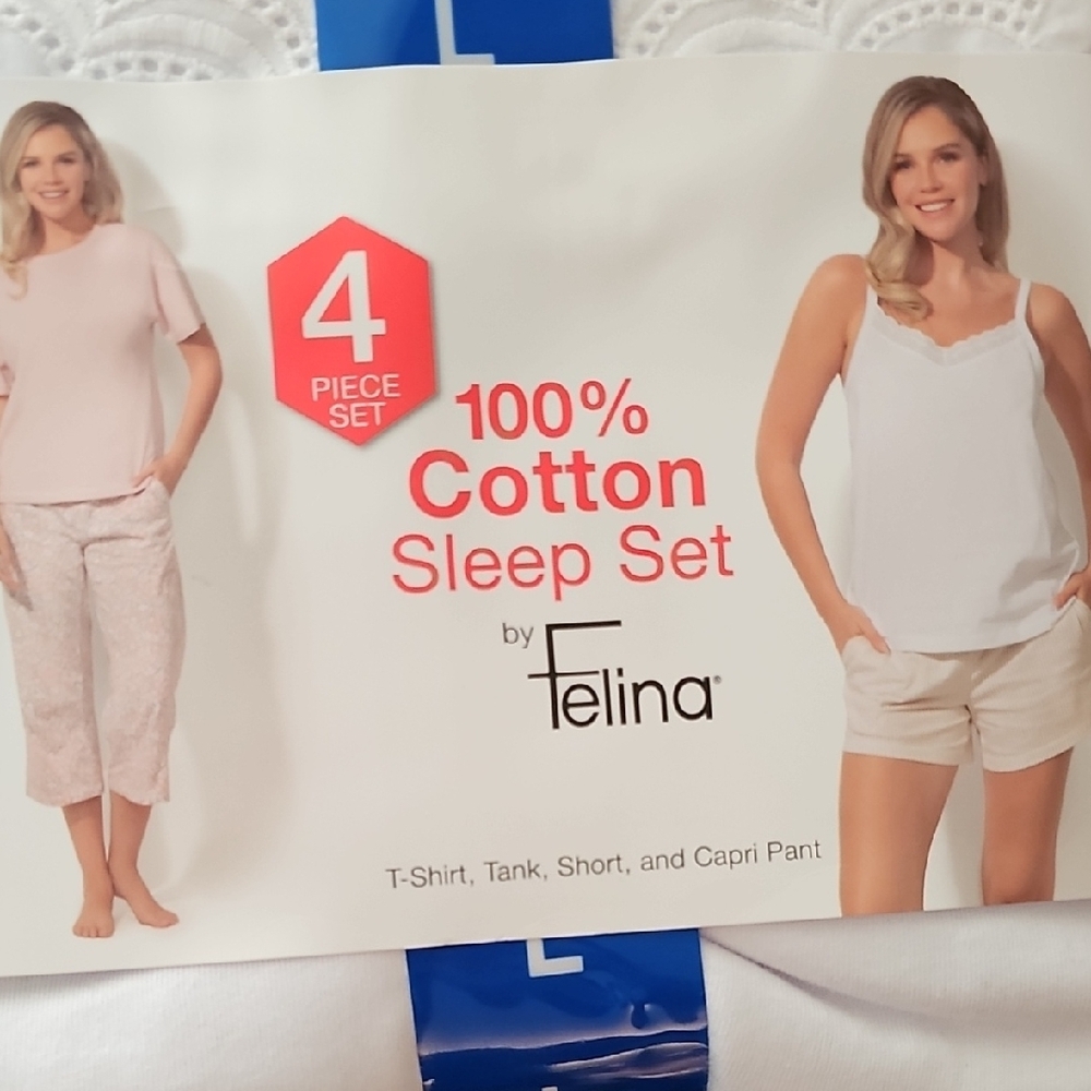 Felina White Cotton Pajama Set Intimates & Sleepwear 4- Set.